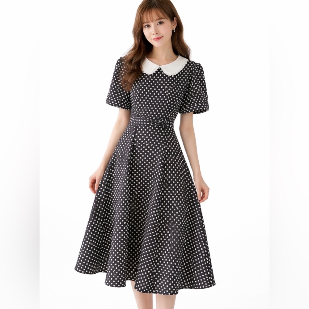 TIMELESS LONDON (NWT) Vtg Black White Polka Dot Collared Rockabilly Dress (2XL)